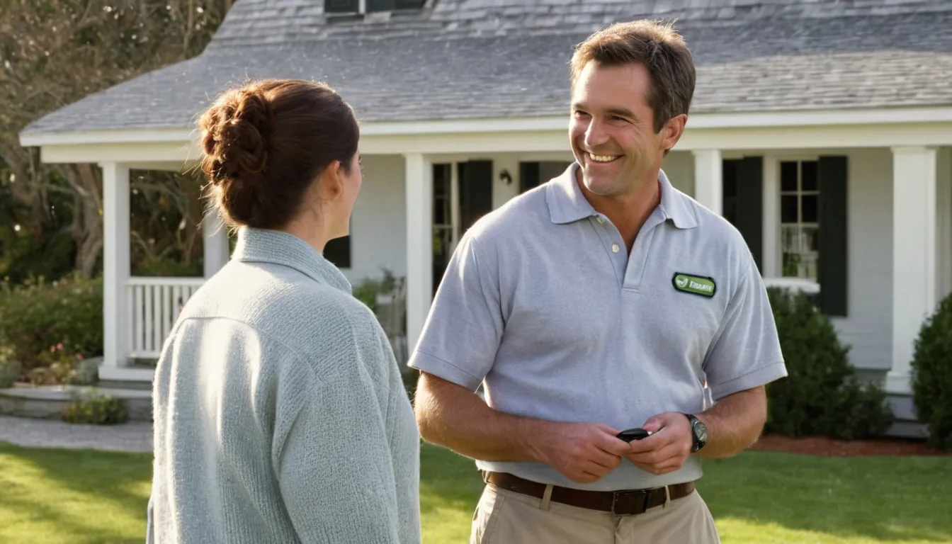 A friendly provider talking with a homeowner at the front door of a house in Chester